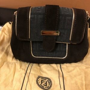 Authentic Very Rare real Shedding fur suede brown &black small chain clutch bag